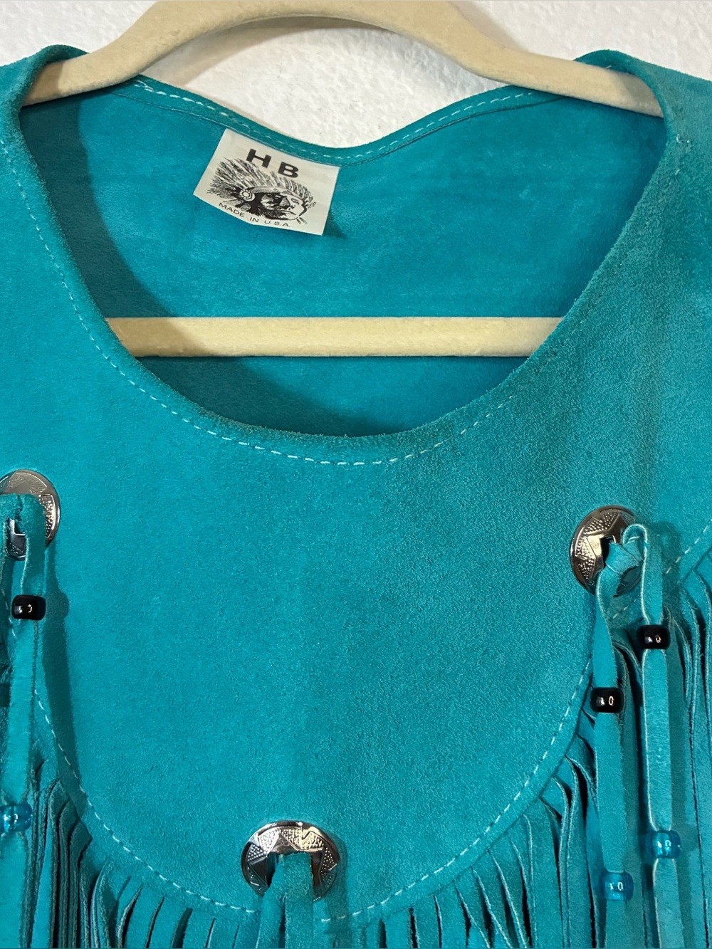 VINTAGE  HB TURQUOISE LEATHER FRINGE PONCHO - Picture 5 of 9